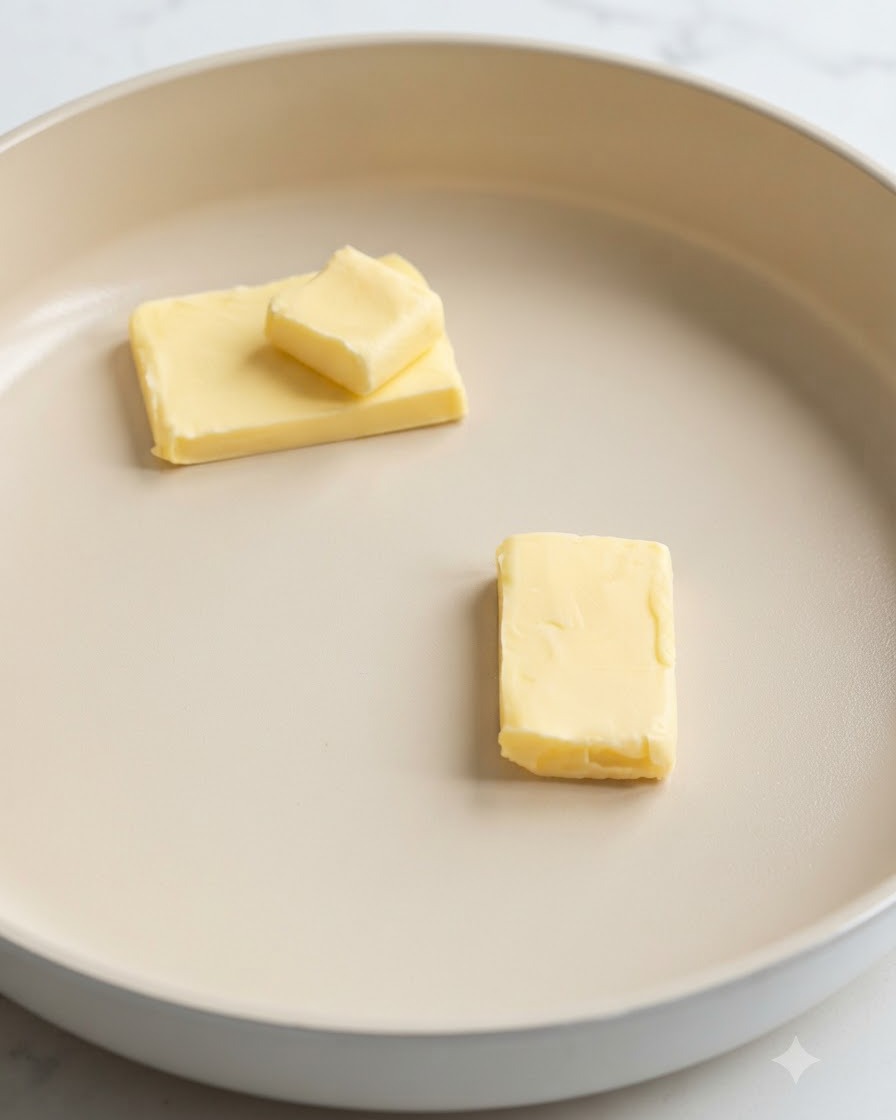 Slices of butter melting inside a beige ceramic pan.