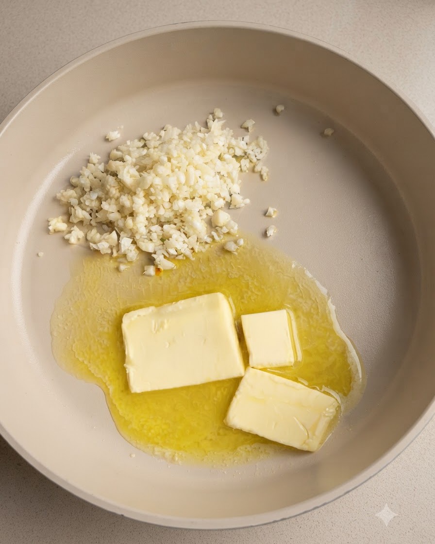 Minced garlic being sautéed alongside melting butter in a cooking pan.