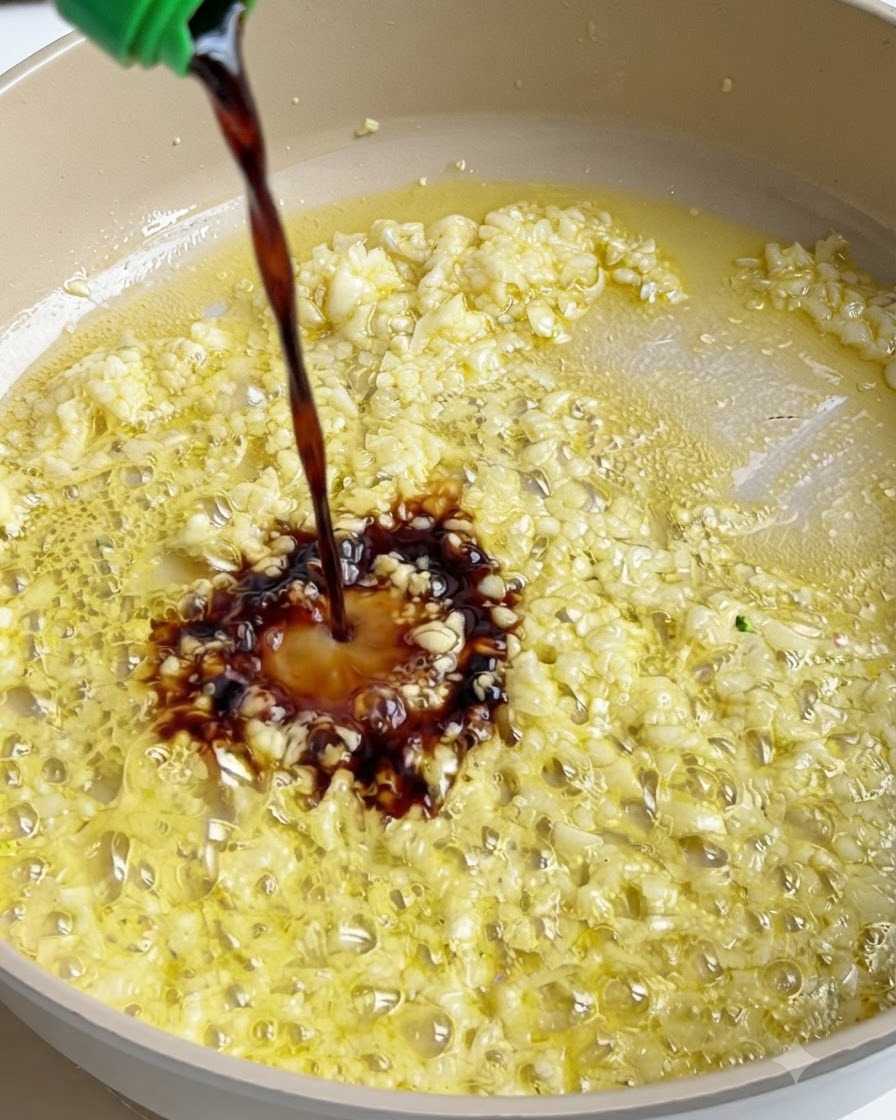 Dark sauce being poured from a bottle into a bubbling pan of garlic and butter.