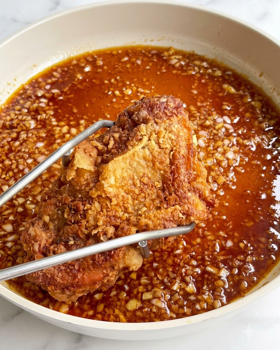 A crispy fried chicken chop held by tongs over a pan filled with bubbling garlic soy sauce.