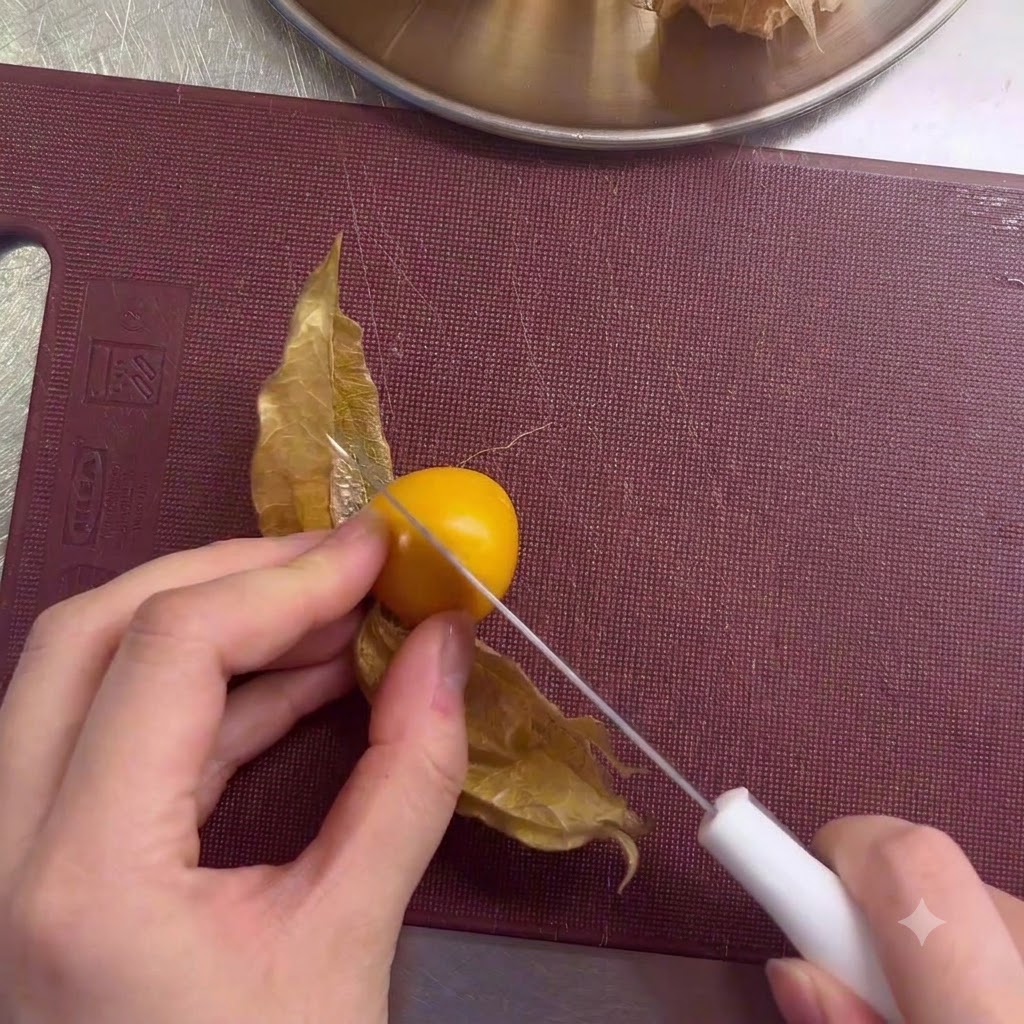 A hand using a small white knife to slice open a yellow cape gooseberry on a maroon cutting board.