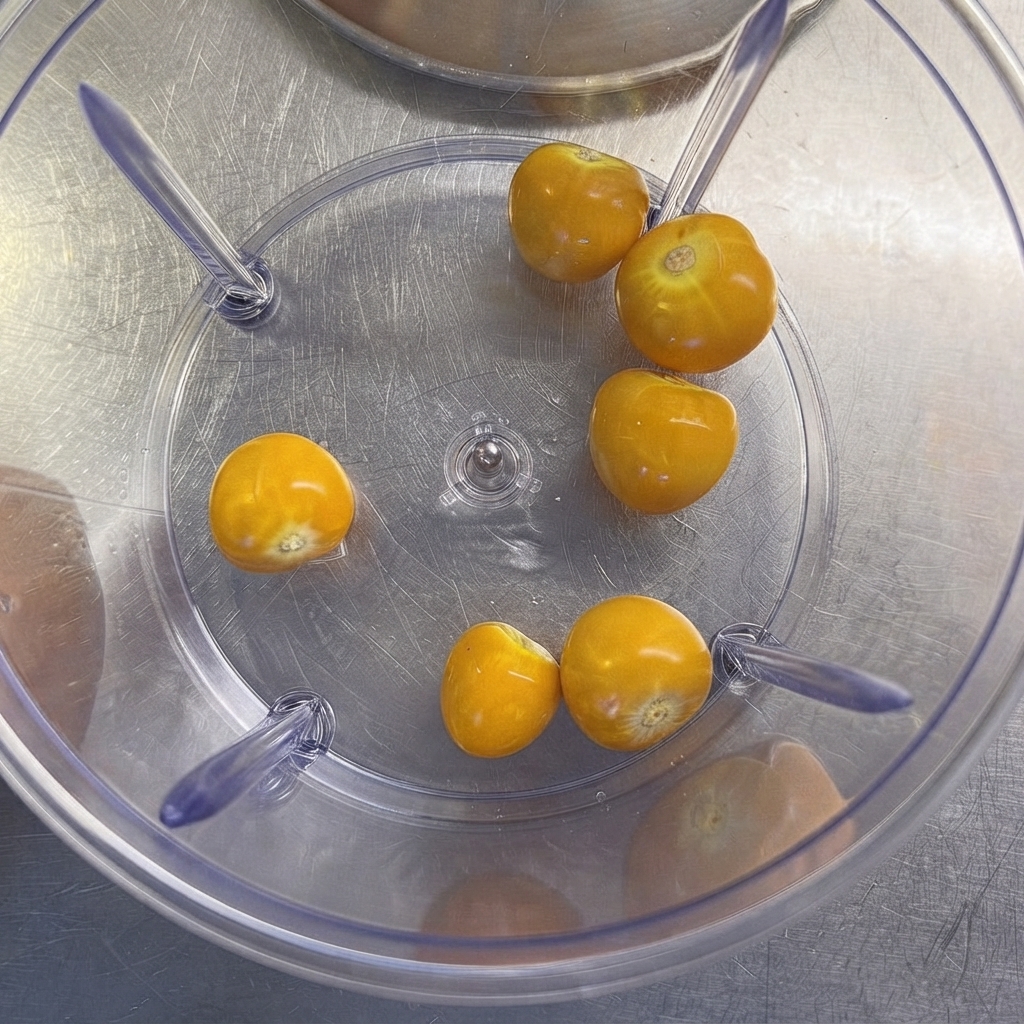 Several yellow cape gooseberries scattered at the bottom of a clear plastic blender container.