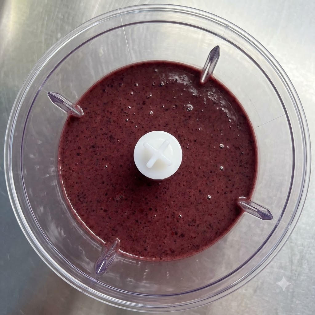 A clear glass being filled with a rich purple blended smoothie.