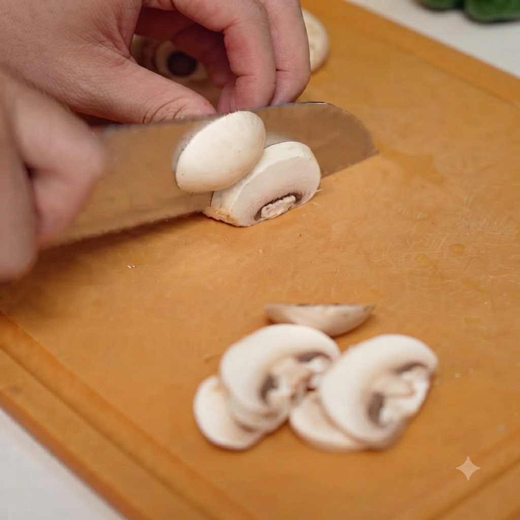 A hand using a knife to slice fresh white button mushrooms on a wooden cutting board.