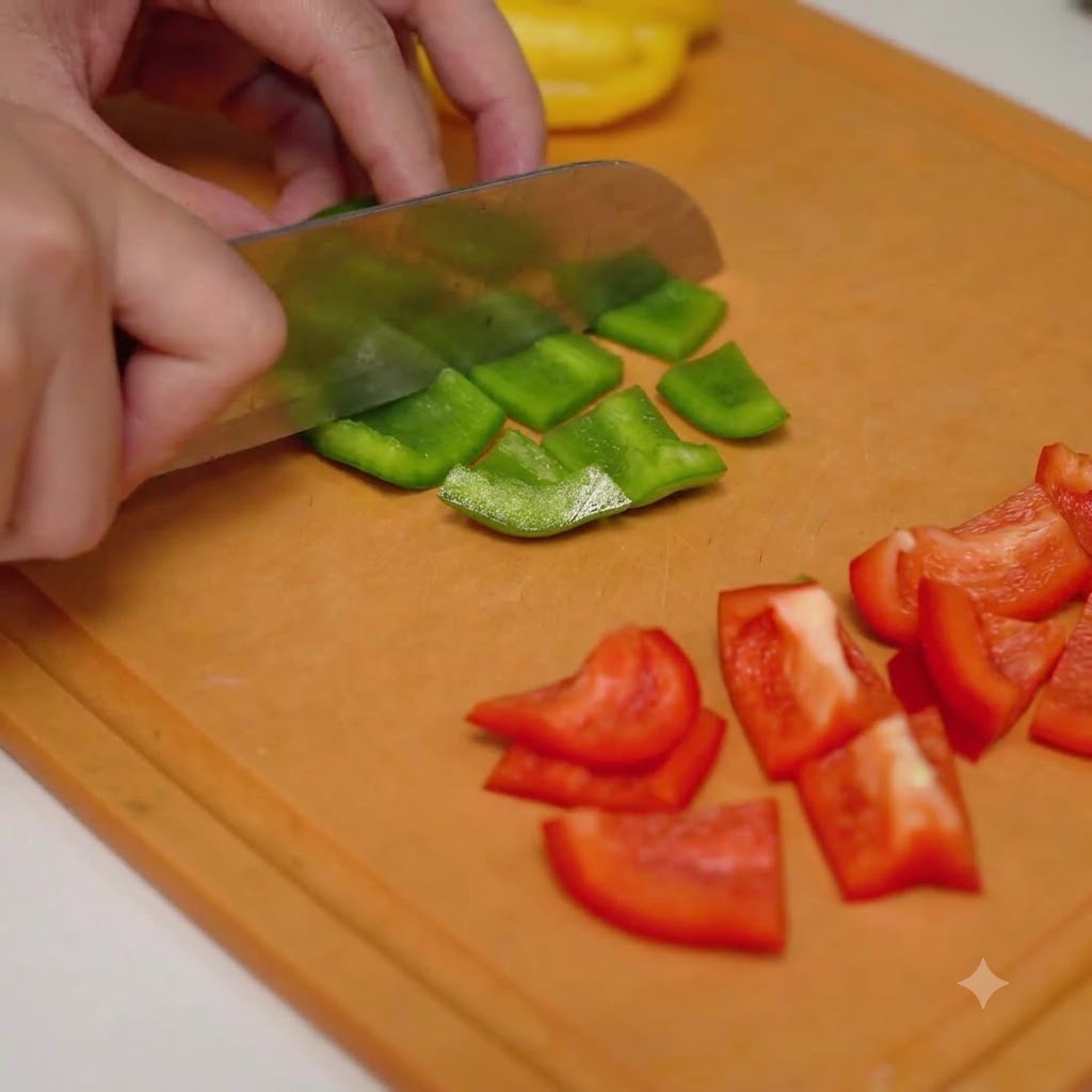 A hand slicing green and red bell peppers into small square pieces on a wooden cutting board.