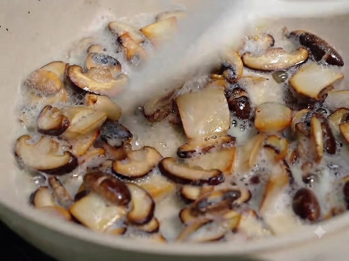 Freshly chopped colorful bell peppers being added to a pan of sizzling mushrooms.