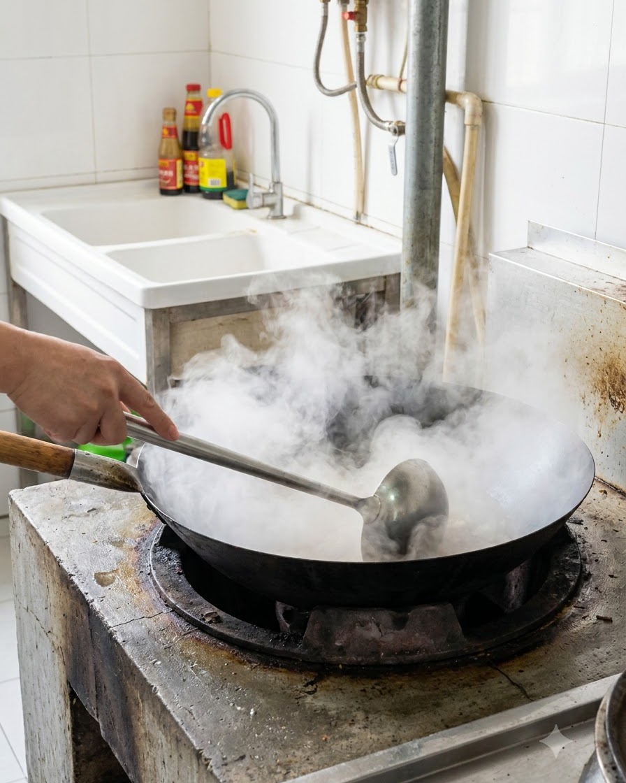 A wok filled with boiling water and dense steam, with a cooking ladle resting inside.