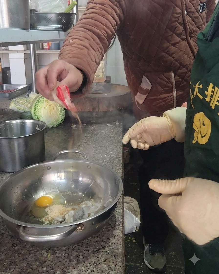 A person sprinkling red-tinted seasoning powder from hand into a bowl containing an egg and mushroom pieces.