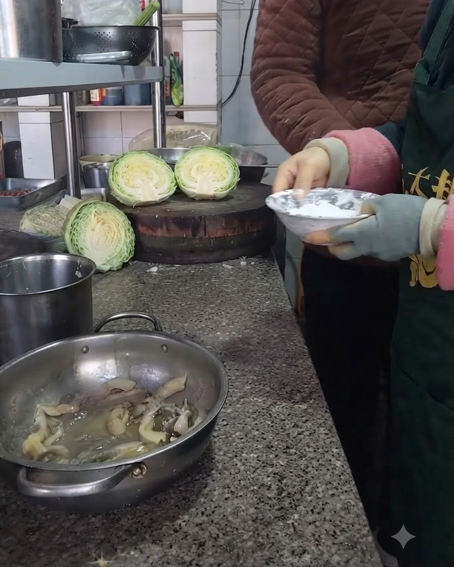 Adding flour from a small bowl into the prepared mushroom mixture.