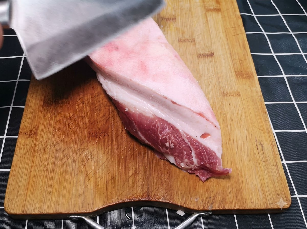 A large knife trimming the outer layer of fat from a thick slab of raw pork resting on a wooden cutting board.