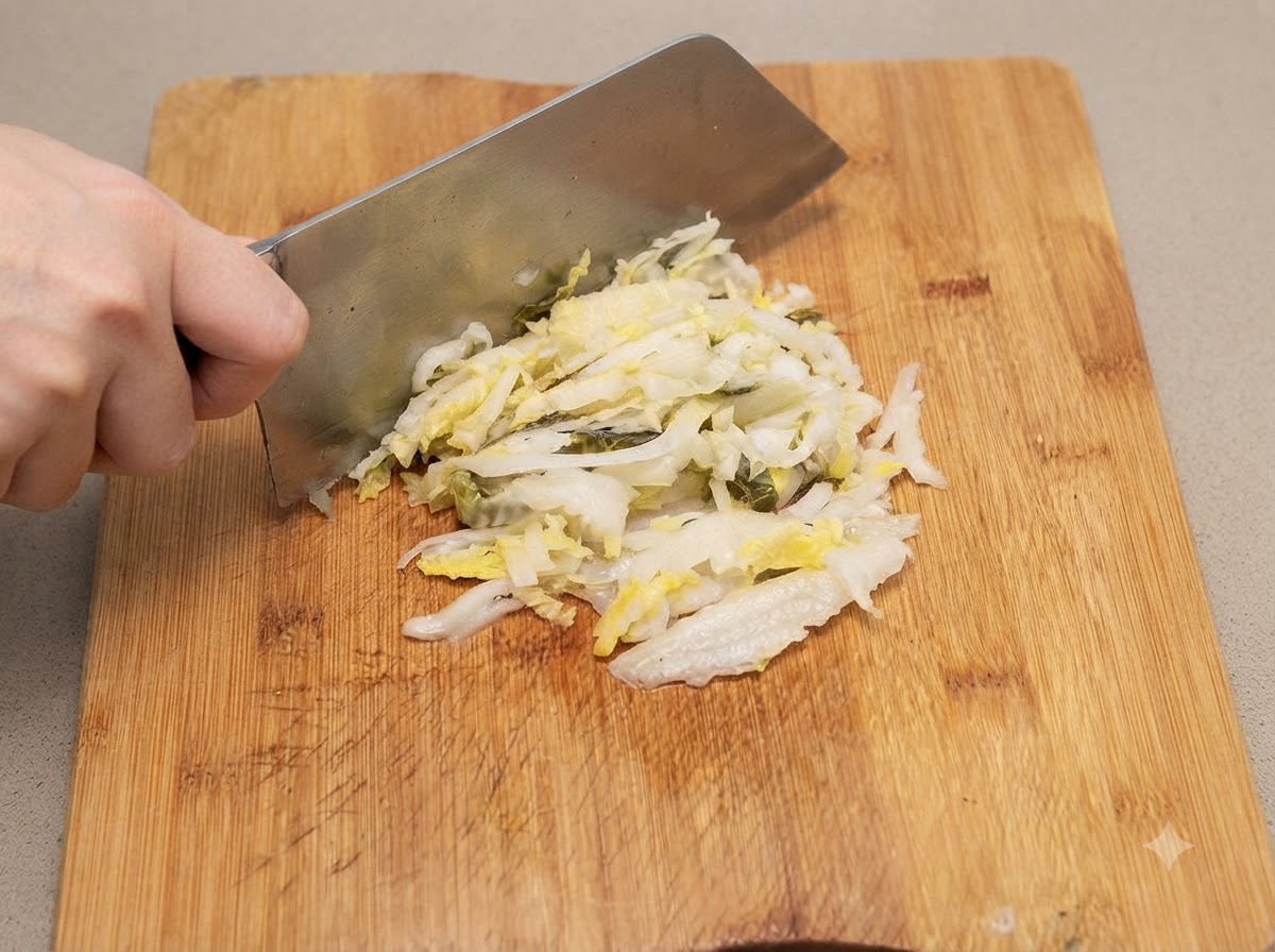 Fermented sauerkraut being sliced into thin strips with a knife on a wooden cutting board.