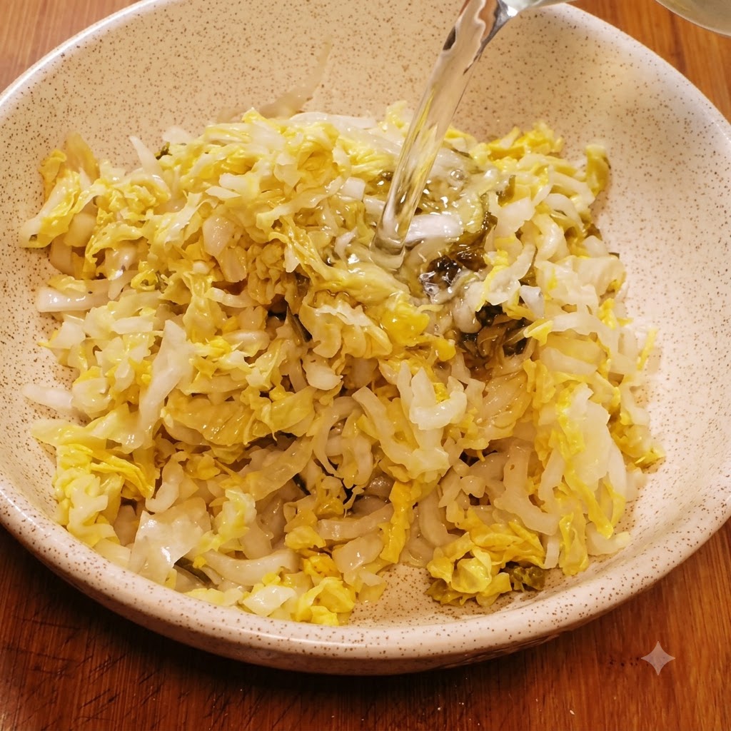 Water being poured into a ceramic bowl filled with shredded sauerkraut for washing.