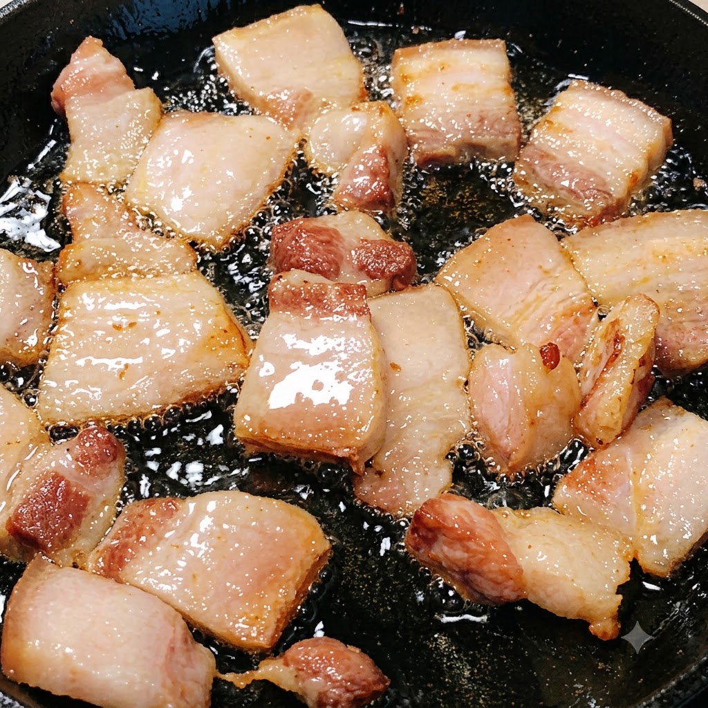 Thin slices of lean pork frying and browning in the wok with rendered fat.