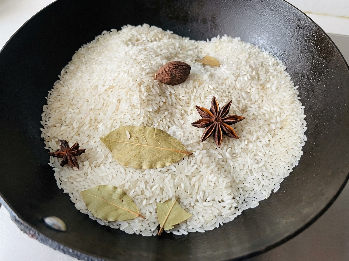 Raw white rice grains mixed with whole star anise, black cardamom, and bay leaves inside a dark wok.
