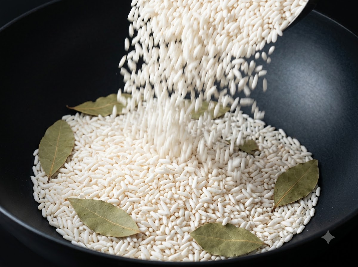 Fried rice grains being poured down into a wok containing more rice and spices.