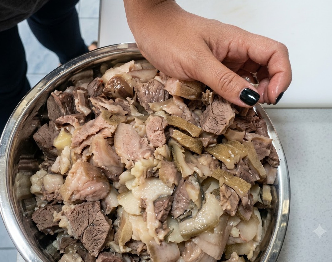 High-proof white liquor being poured over chopped pork pieces inside a large steel bowl.