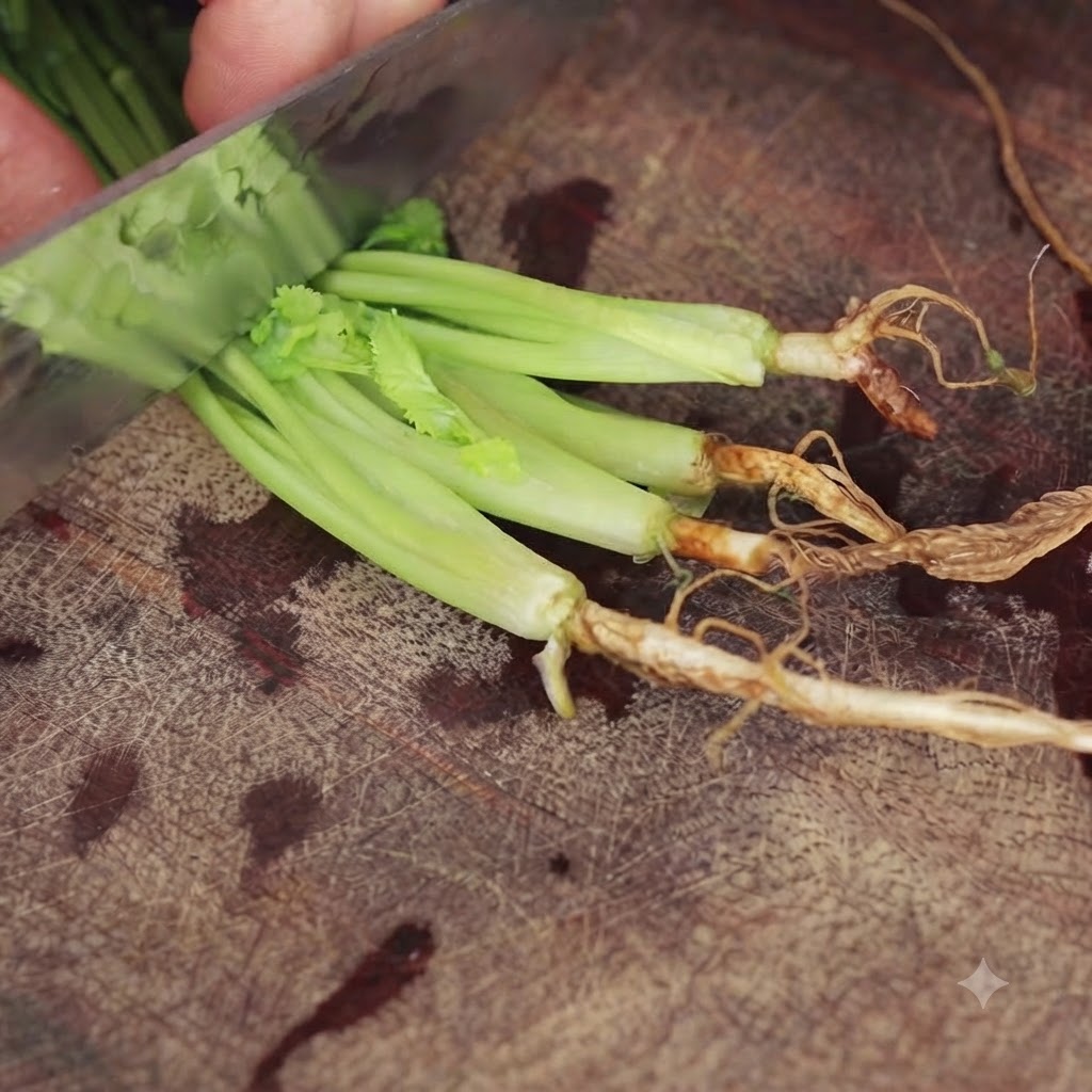 Fresh green cilantro roots being sliced with a chefs knife on a textured wooden board.