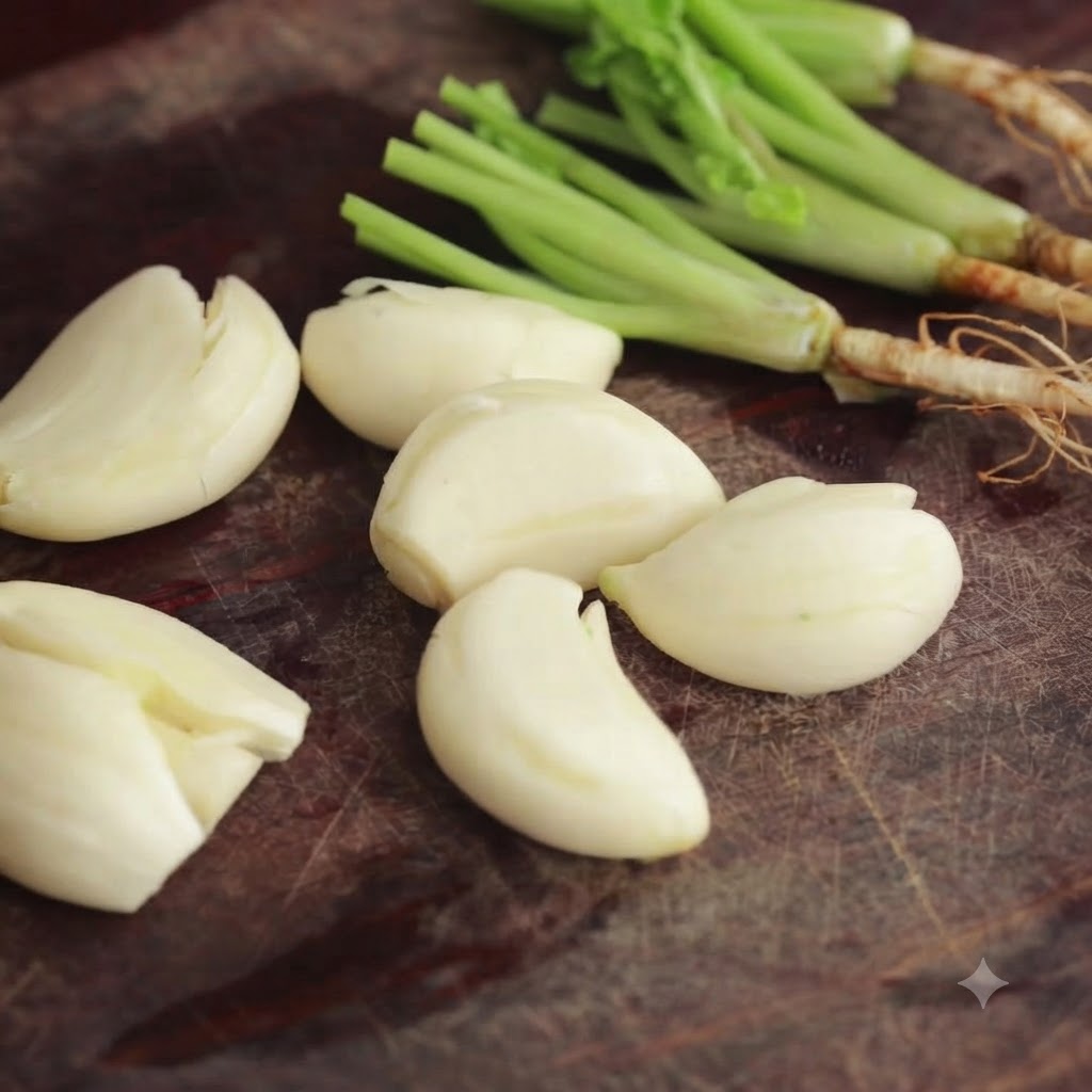 Peeled garlic cloves and chopped cilantro roots arranged on a wooden surface.