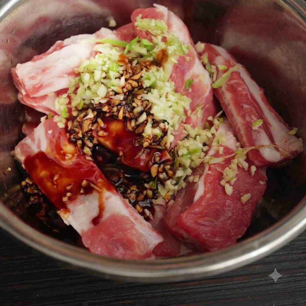 Raw pork ribs in a metal bowl topped with minced garlic, cilantro roots, and dark soy sauce.