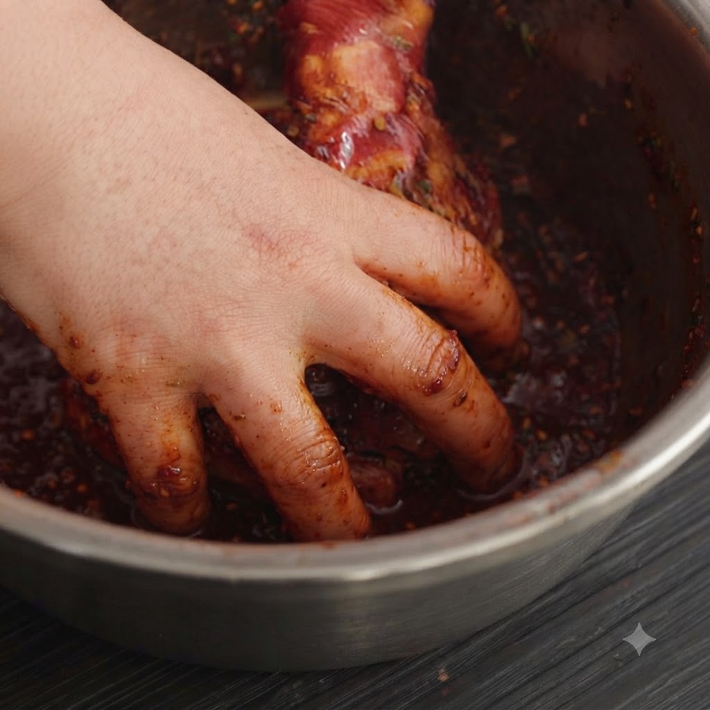 Close-up view of hands massaging marinade into pork ribs in a metal mixing bowl.