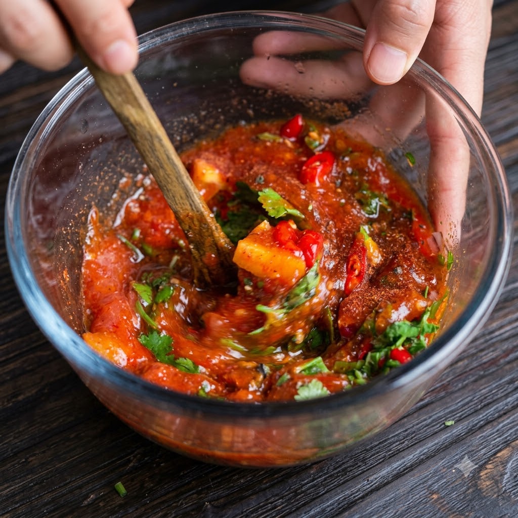 A person stirring a vibrant red Thai dipping sauce with a golden spoon inside a glass bowl.