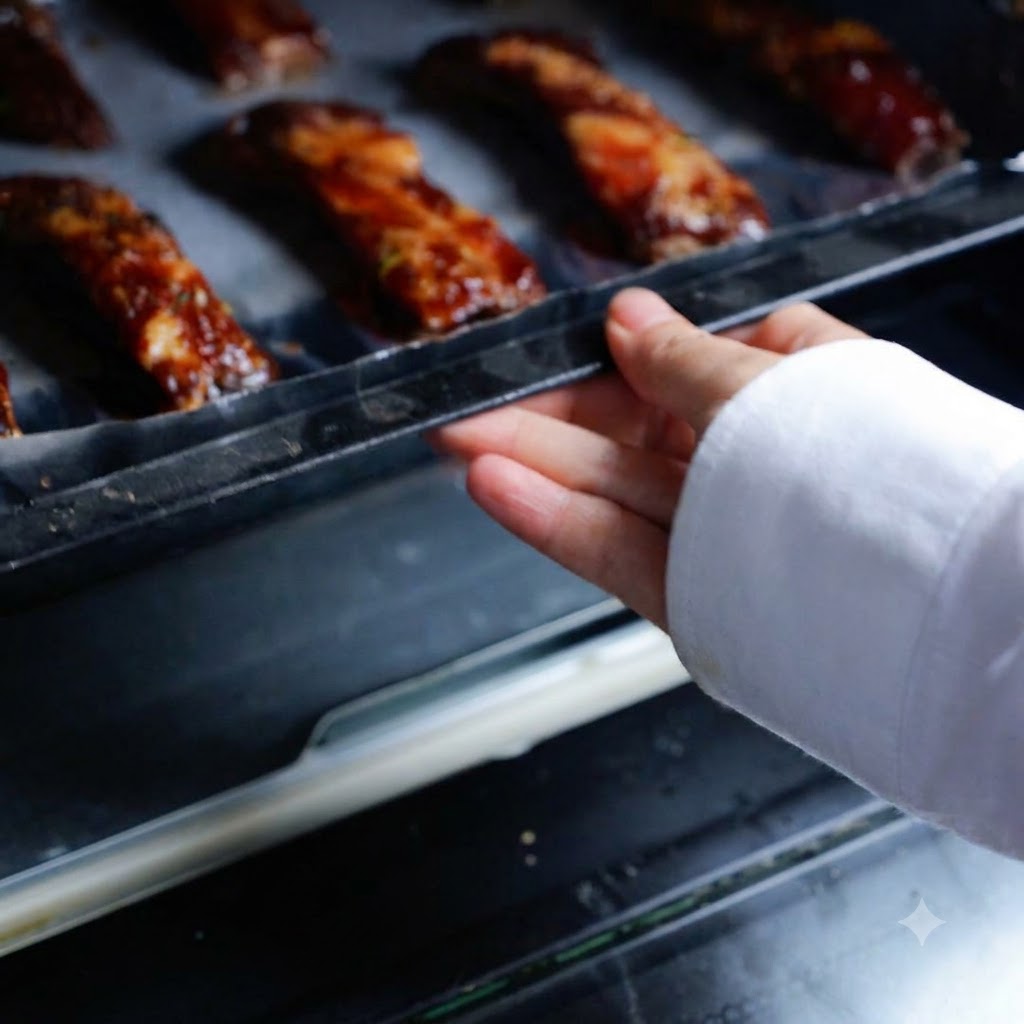 A baking tray laden with marinated pork ribs being loaded into the oven.
