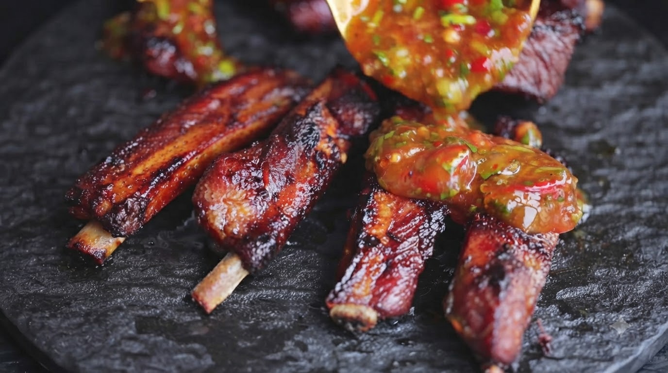 Glazed Thai grilled pork ribs on a dark slate plate being drizzled with a vibrant red and green chili-herb dipping sauce