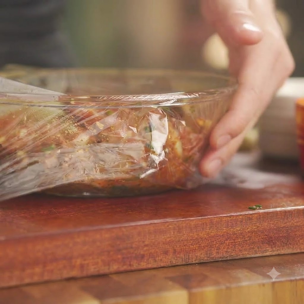 A glass bowl filled with seasoned pork ribs being securely sealed with transparent plastic wrap.