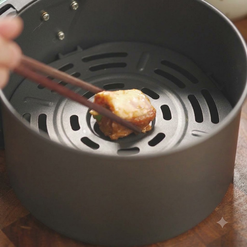 A single piece of marinated pork rib being placed with chopsticks onto the empty grill grate inside an air fryer basket.