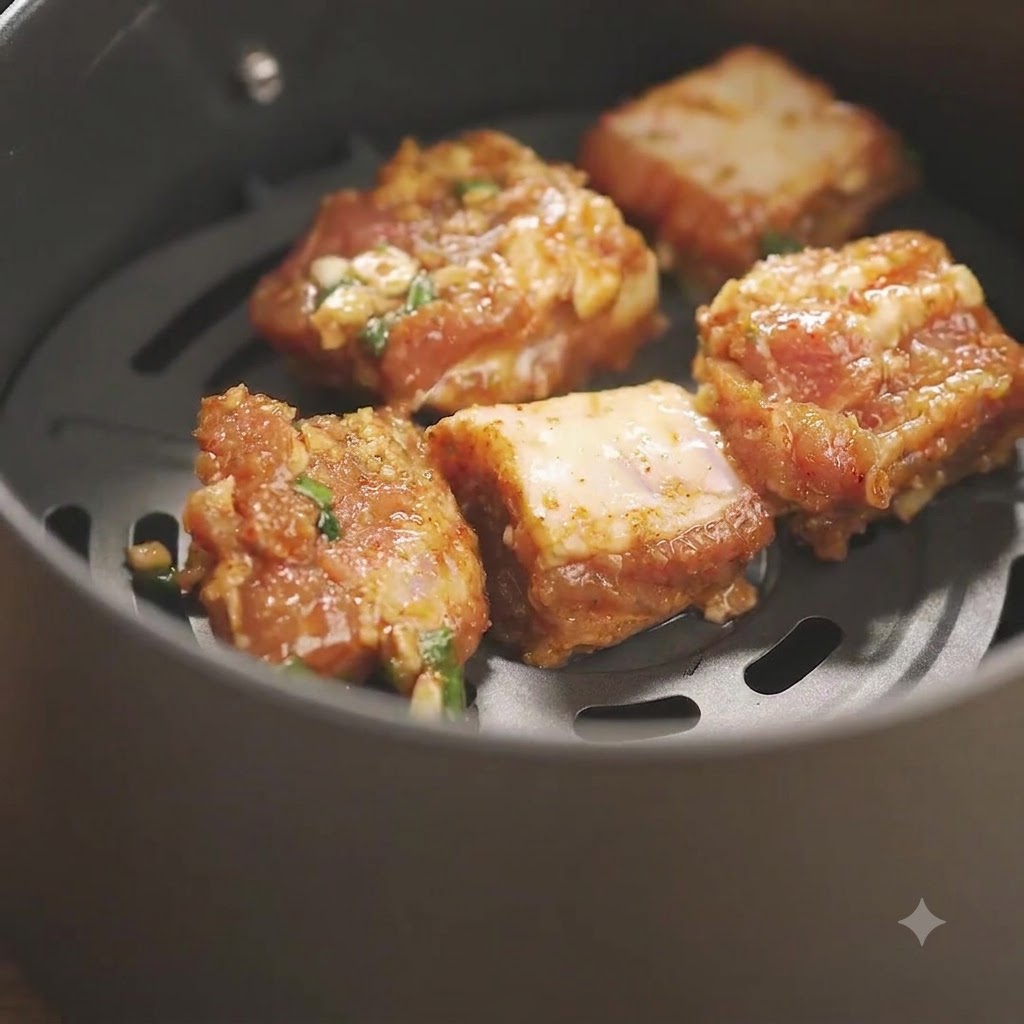 Several pieces of seasoned pork ribs arranged inside an air fryer basket ready for oil spraying.