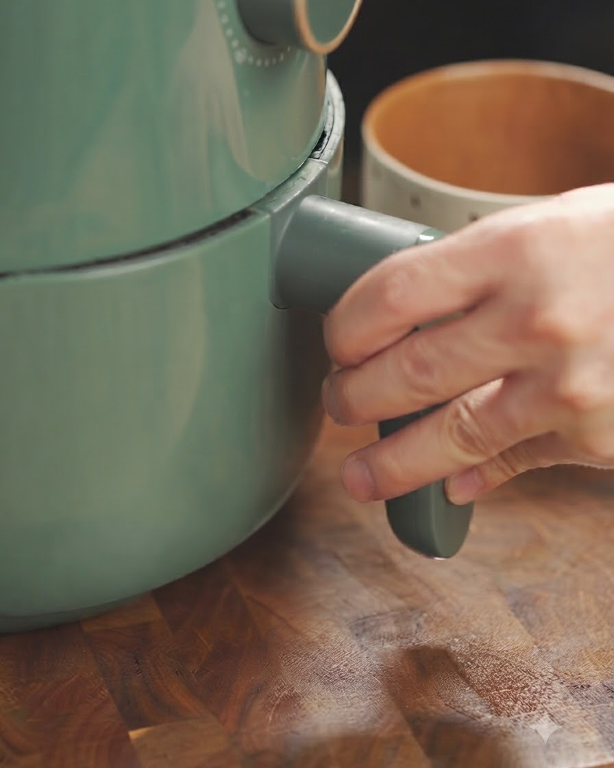 A hand turning the dial on a green air fryer to configure the cooking parameters.
