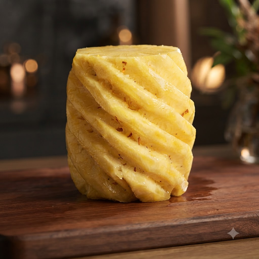 A peeled pineapple sitting upright on a wooden cutting board, about to be sliced.