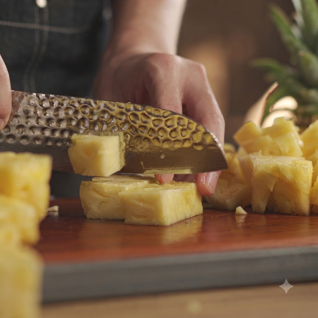 Pineapple chunks being sliced on a wooden board with a chefs knife.