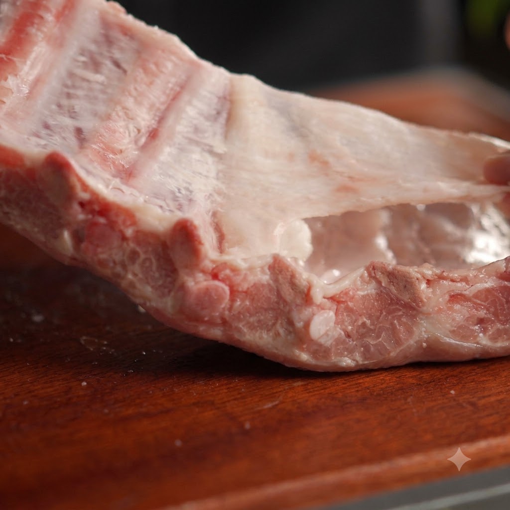 Close-up of a hand peeling the translucent membrane off the back of raw pork ribs.