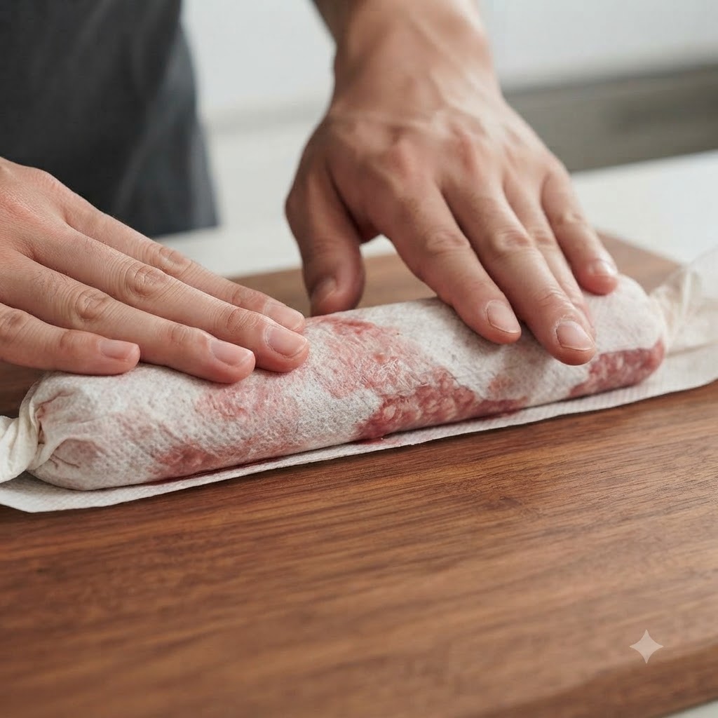 Hands pressing paper towels onto a rack of raw pork ribs on a wooden board.