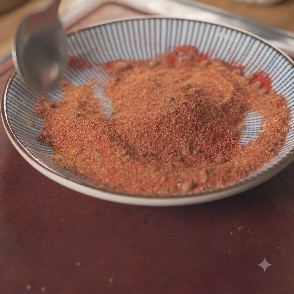 A bowl filled with a mixture of red and brown spices being stirred with a spoon.