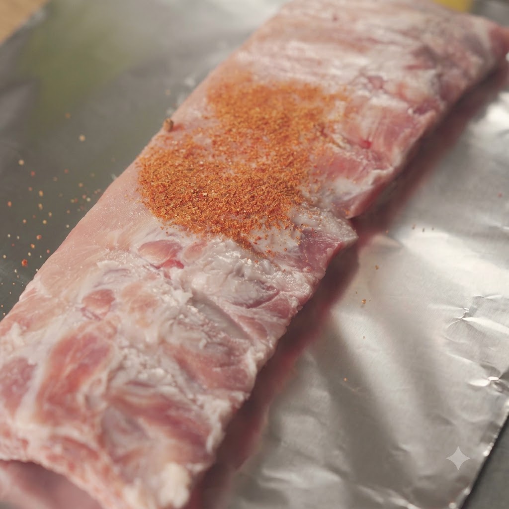 A raw rack of ribs laid out on aluminum foil with a pile of red seasoning sprinkled on top.
