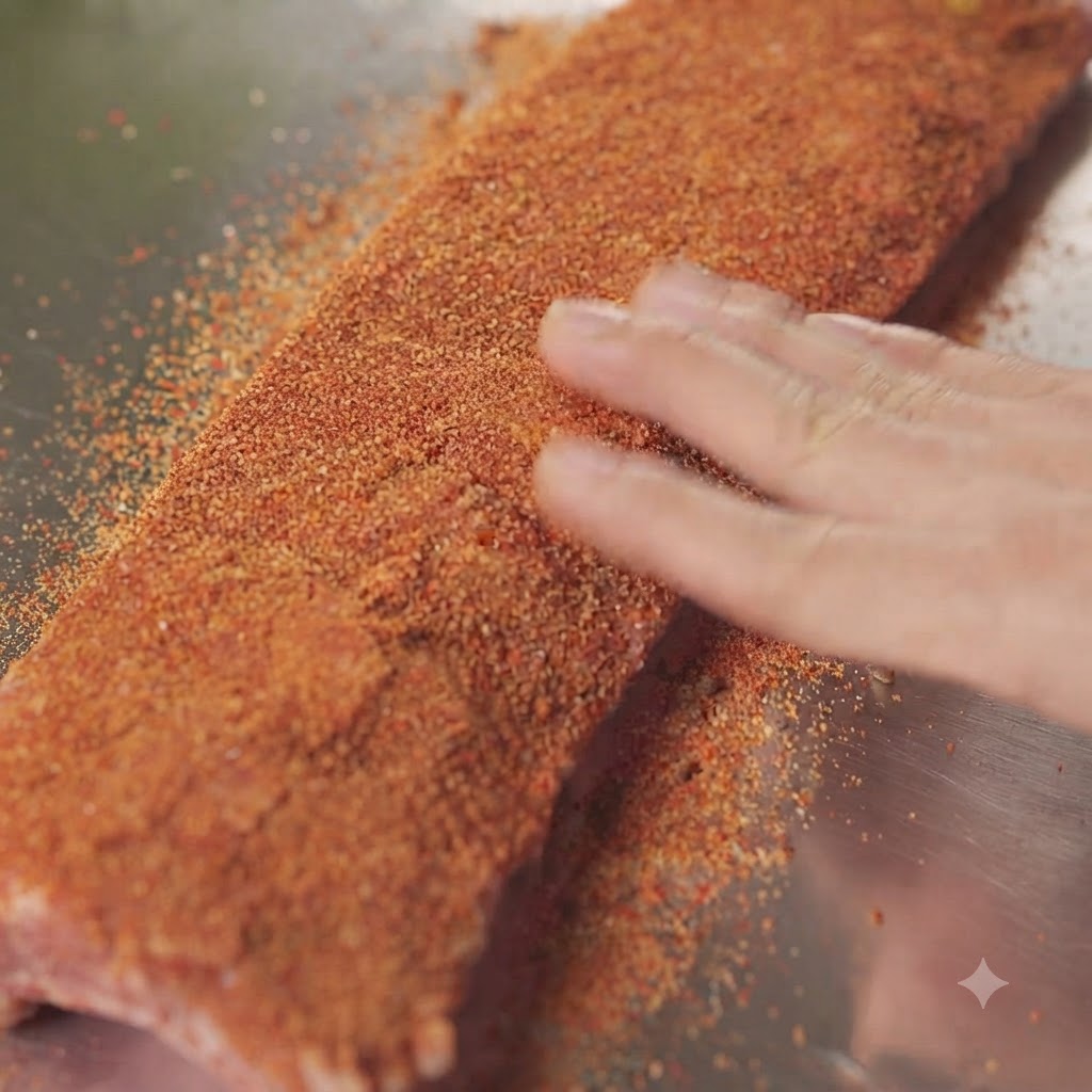 A hand rubbing a dry seasoning mix into the surface of a raw rack of pork ribs.