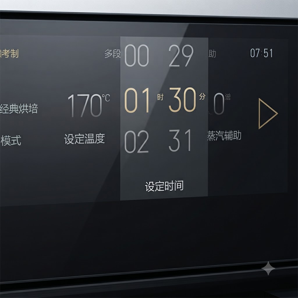 Oven control panel displaying a temperature setting of 170 degrees Celsius and a duration of 1 hour and 30 minutes.