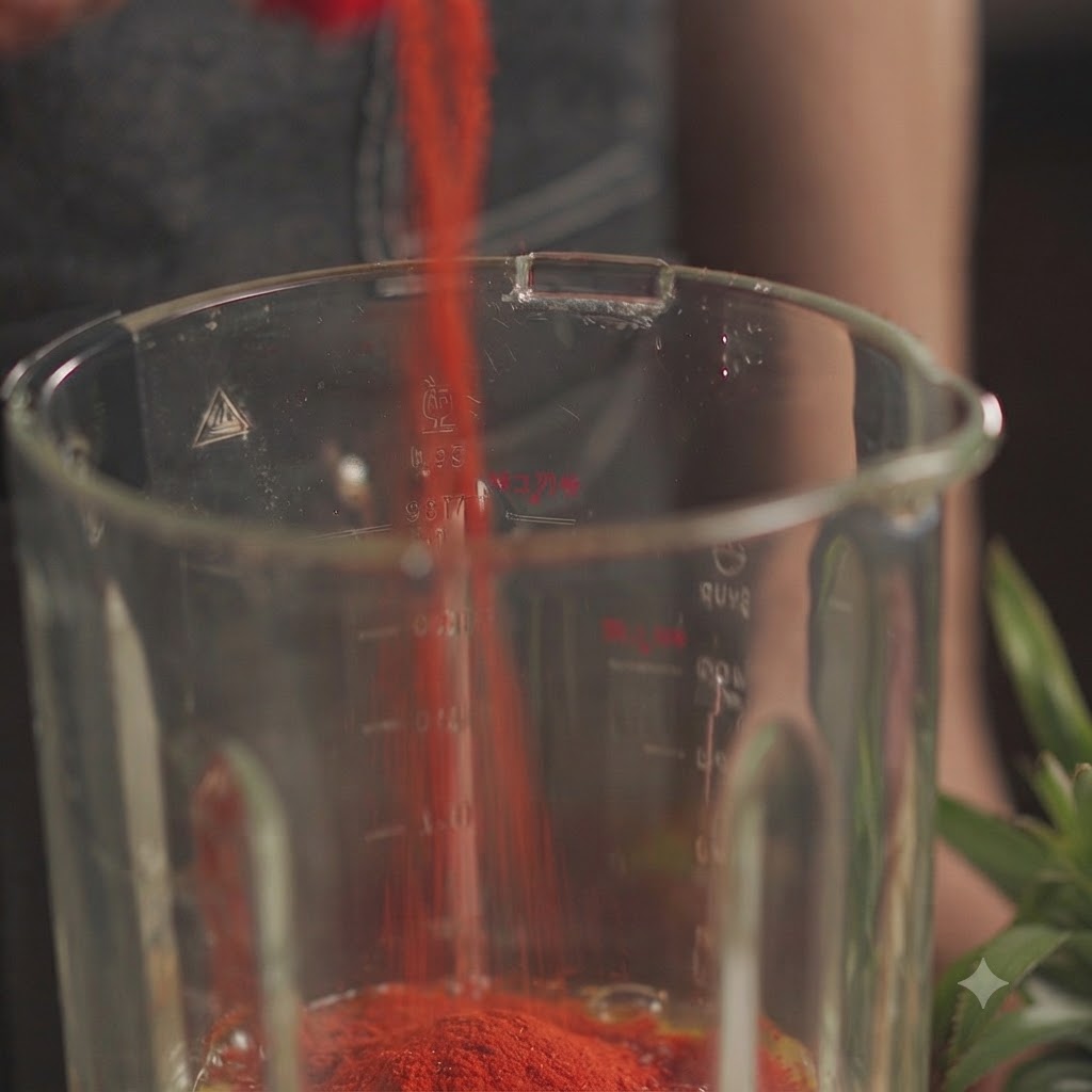 Red pepper powder and water being poured into the blender container.