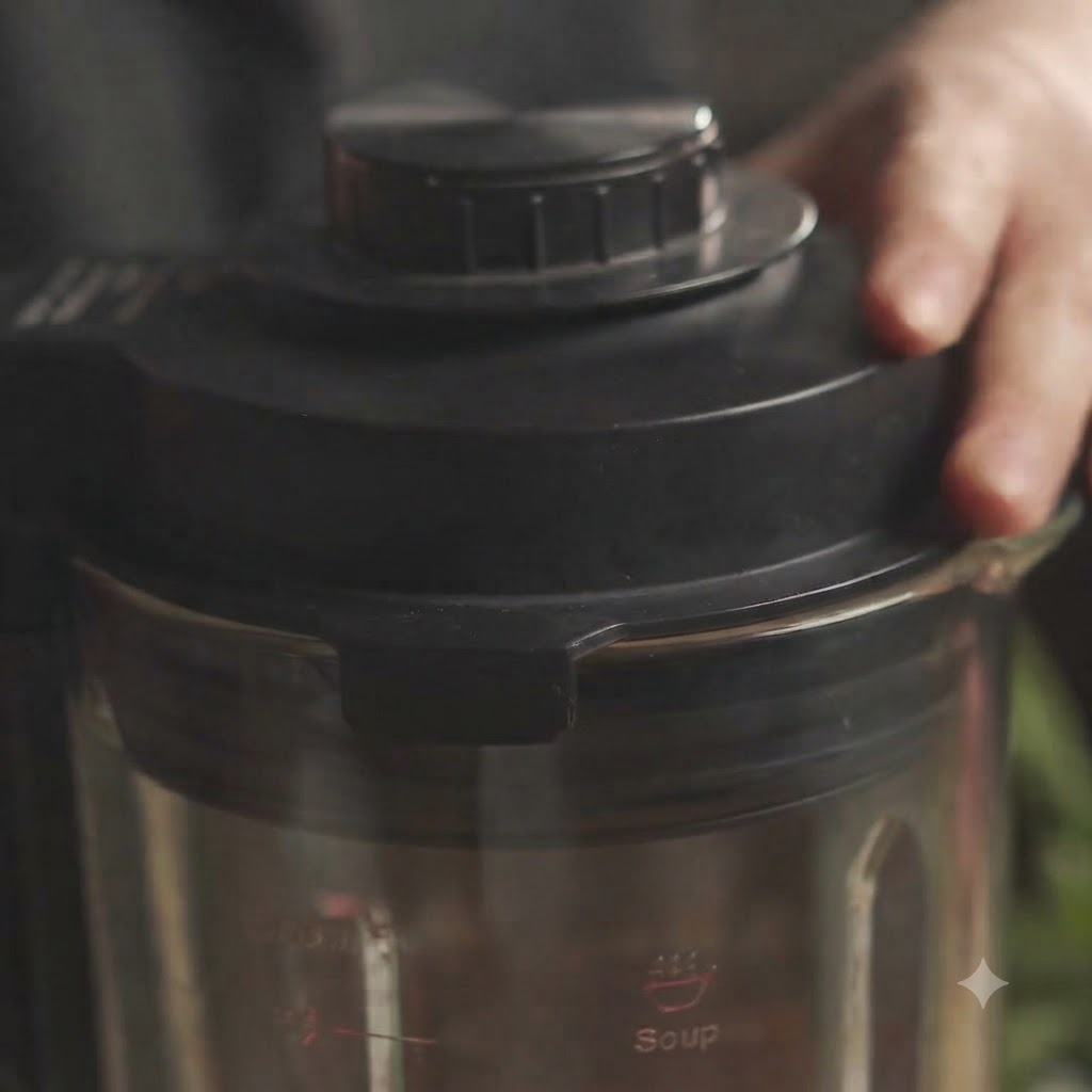 The blender operating to mix ingredients into a smooth red sauce.