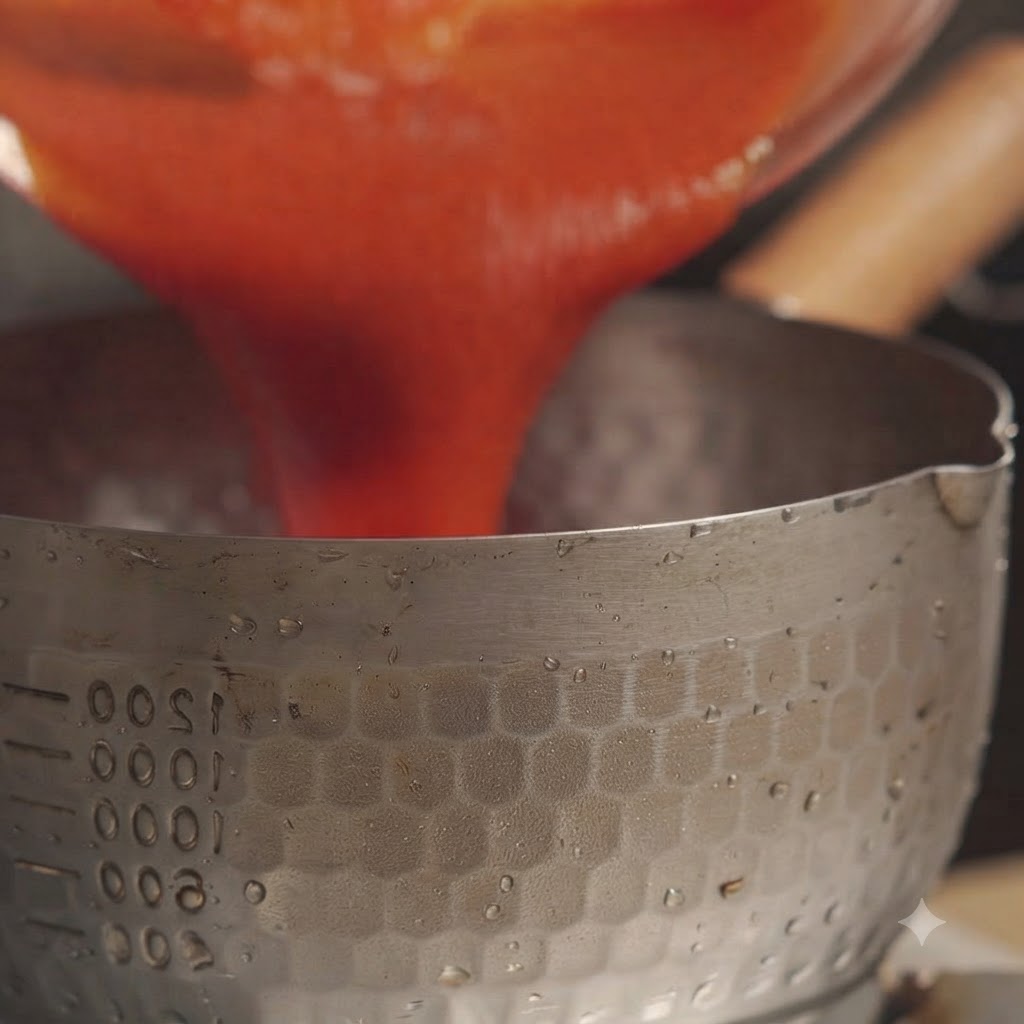 Blended pineapple sauce being poured from a glass container into a metal pot.
