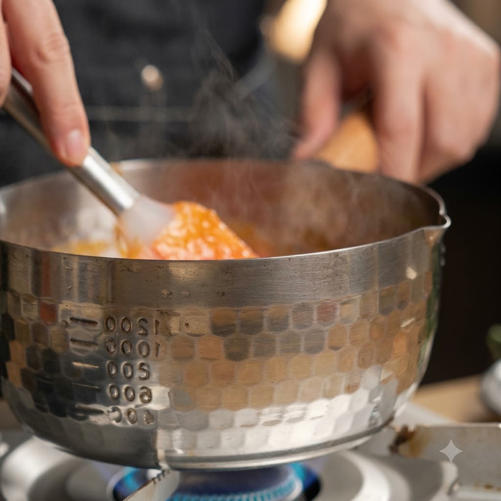 Pineapple sauce being stirred in a pot on the stove while cooking down.