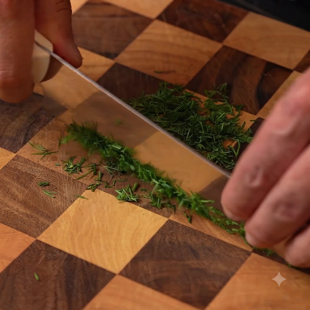 Fresh dill being finely chopped with a knife on a wooden cutting board.