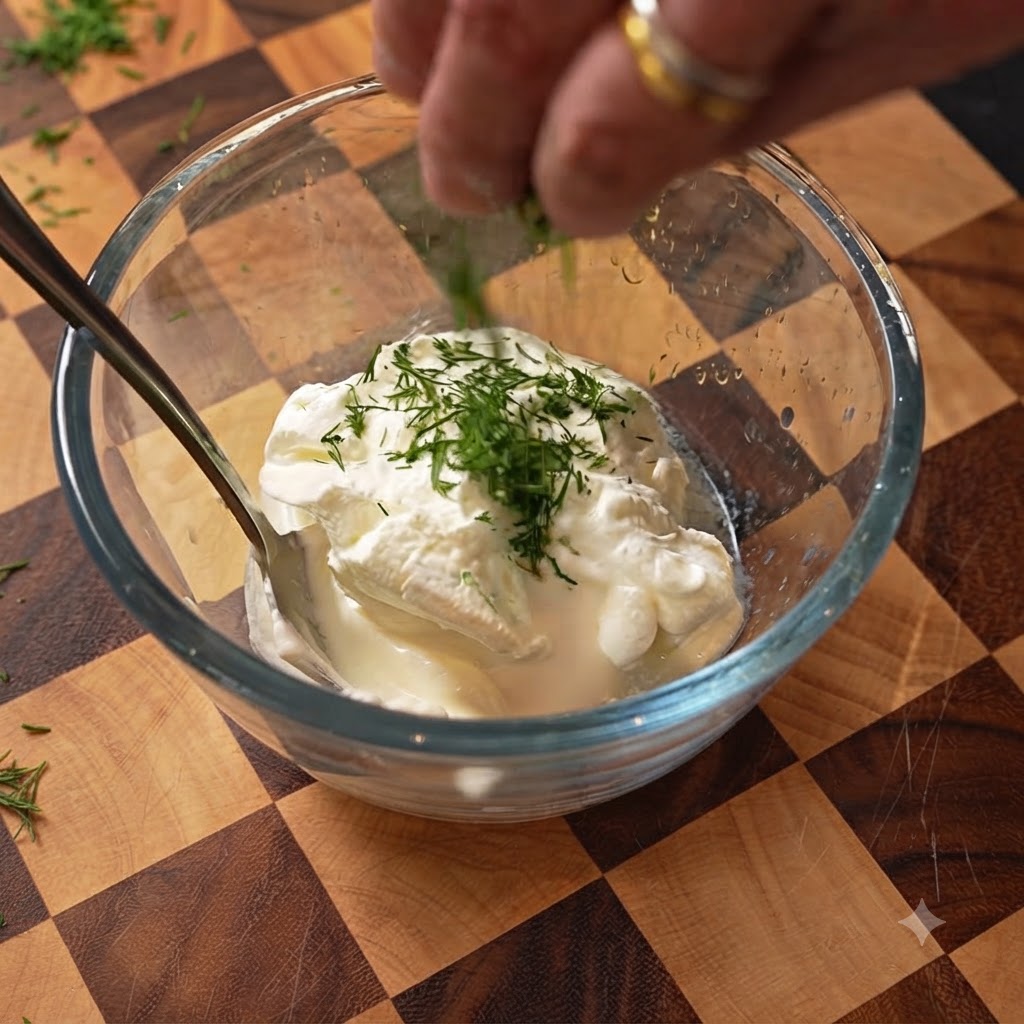 Freshly chopped dill being added to sour cream in a glass mixing bowl.