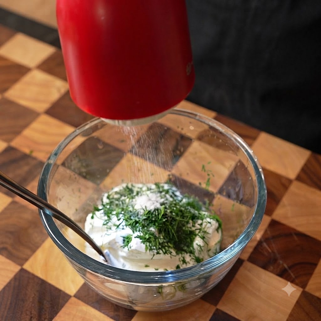 Salt and black pepper being ground from a red mill over a bowl of sour cream and dill.