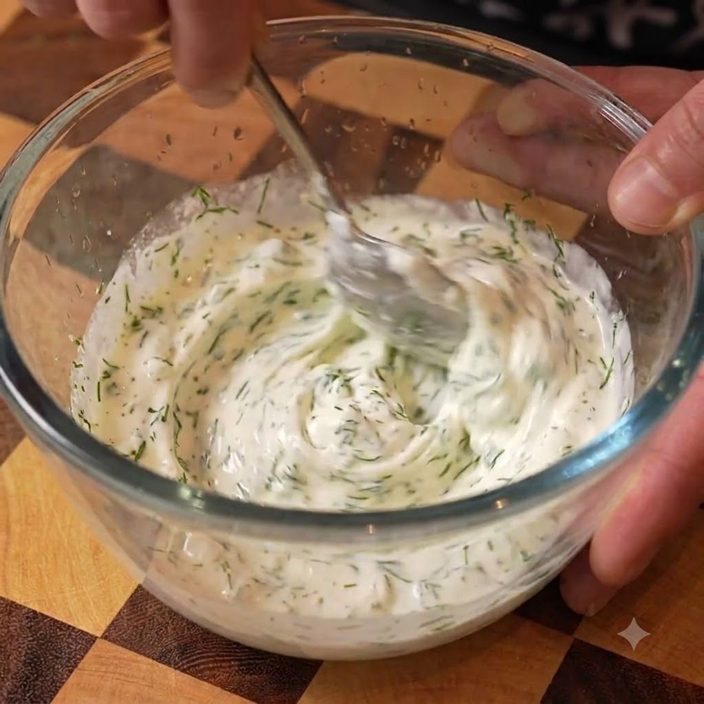Sour cream, lemon juice, dill, and seasonings being mixed together in a bowl with a spoon.