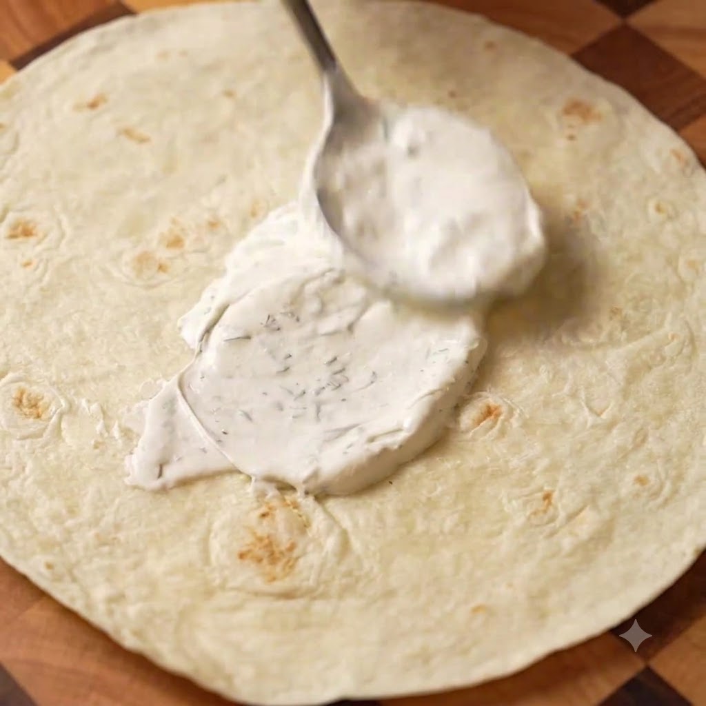 A thin, even layer of dill sour cream being spread onto a flat wheat wrap.