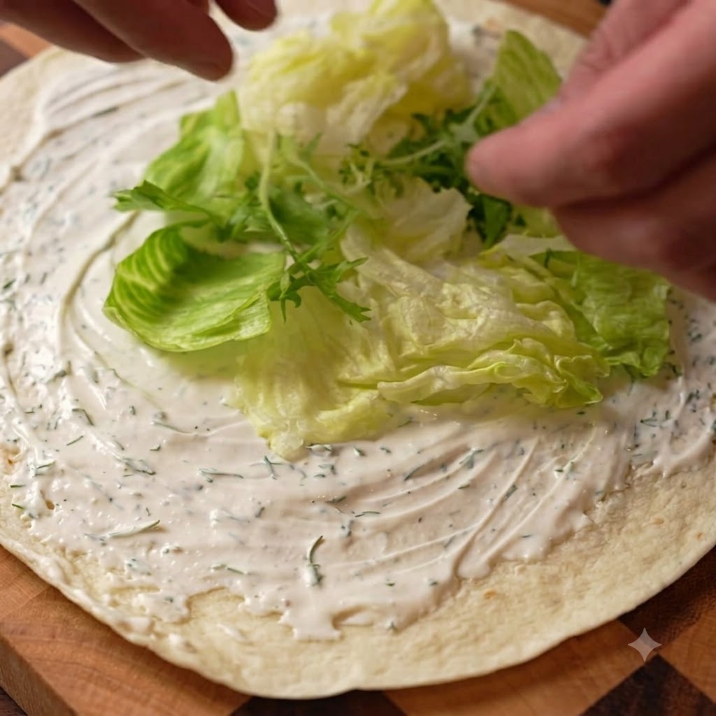Fresh mixed salad greens being placed over the cream on a wheat wrap.