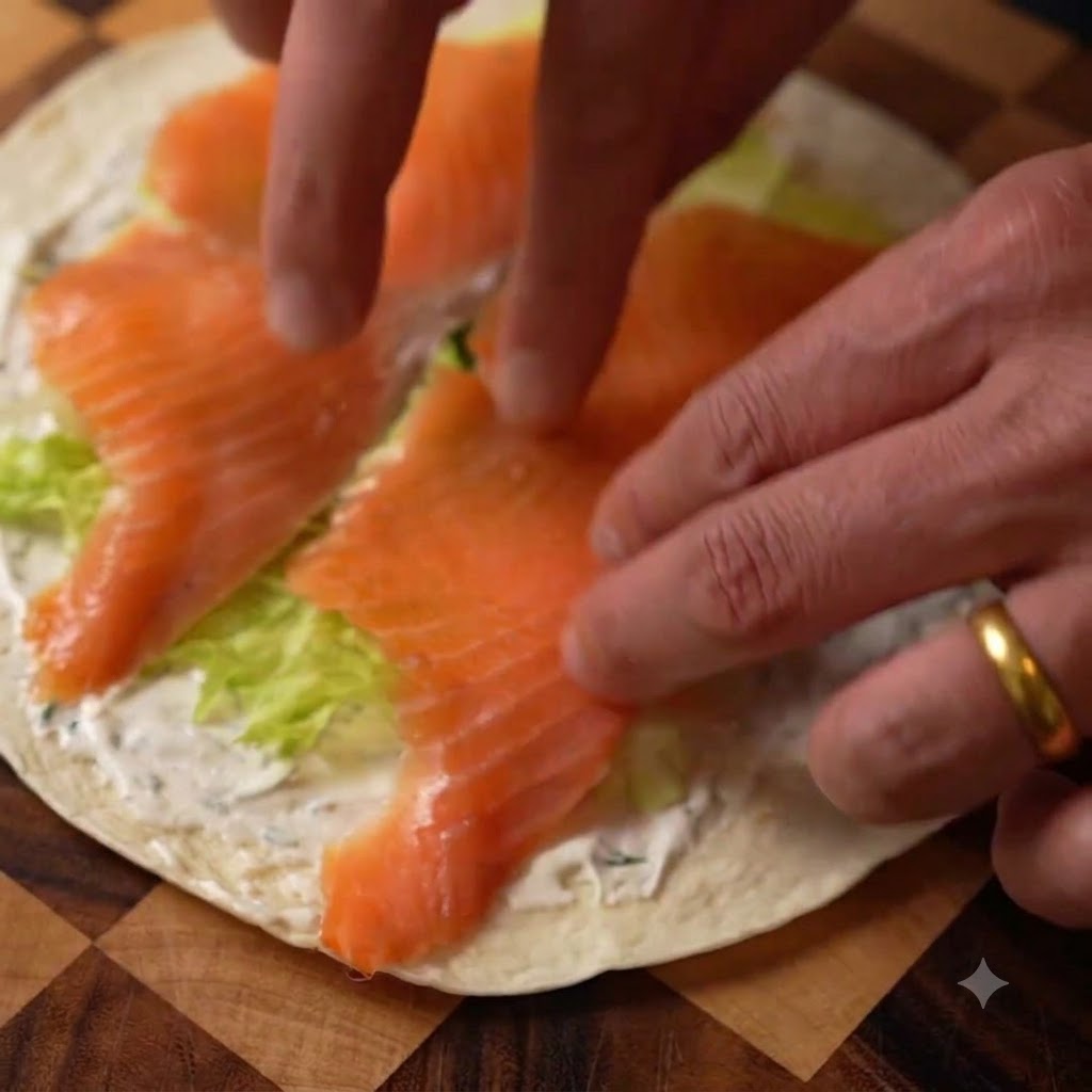 Slices of smoked salmon being arranged on top of the salad greens.
